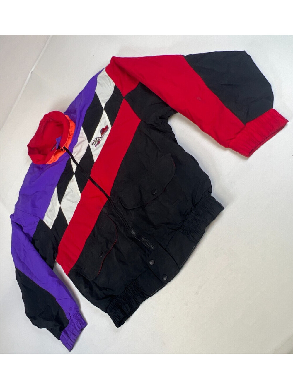 VTG 90s Polaris Garments Racing Jacket Checkered Colorblock Windbreaker Men M - Picture 6 of 8